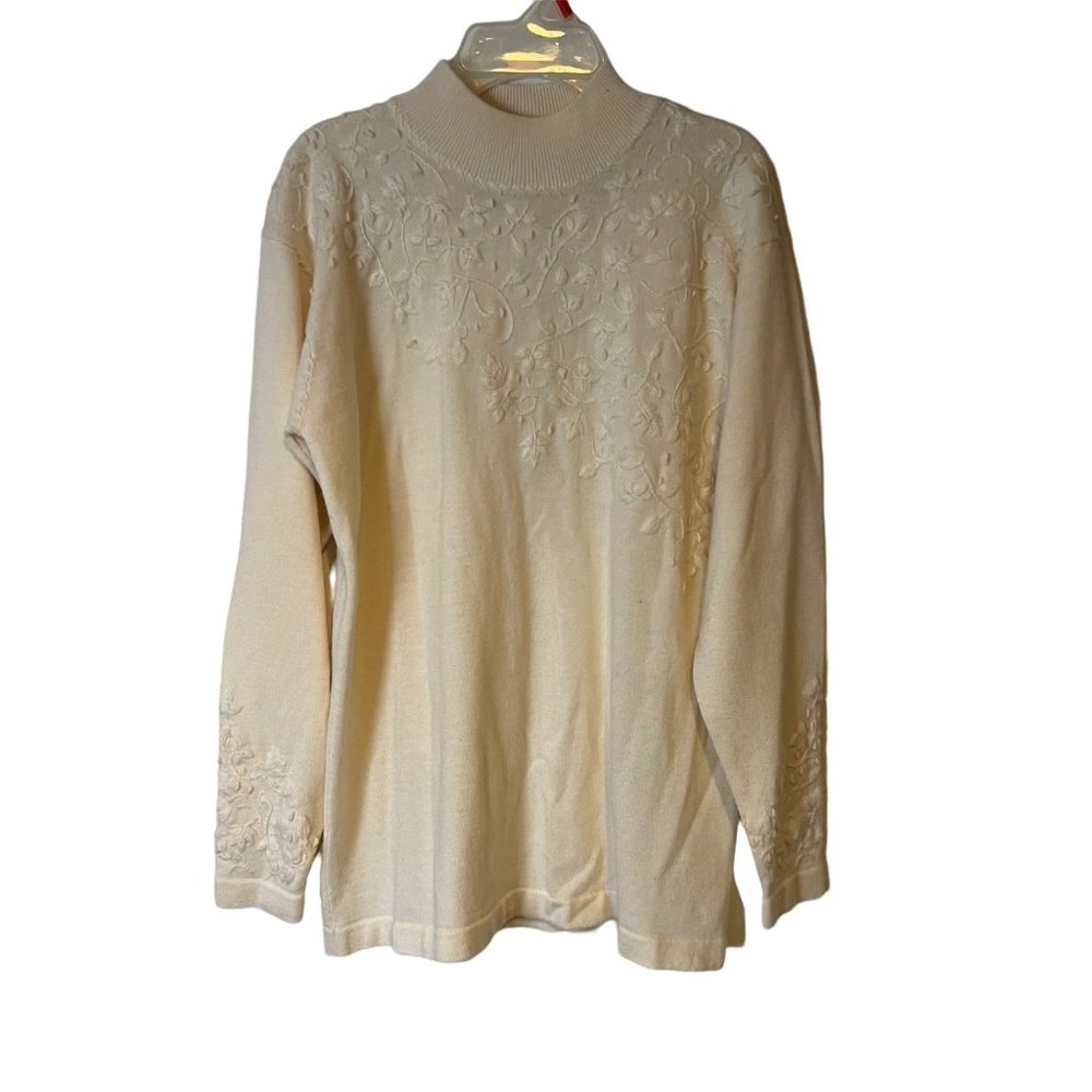 VINTAGE Ninon de Lenclos Sweater Wool Blend Cream Embroidered Long Sleeve Womens